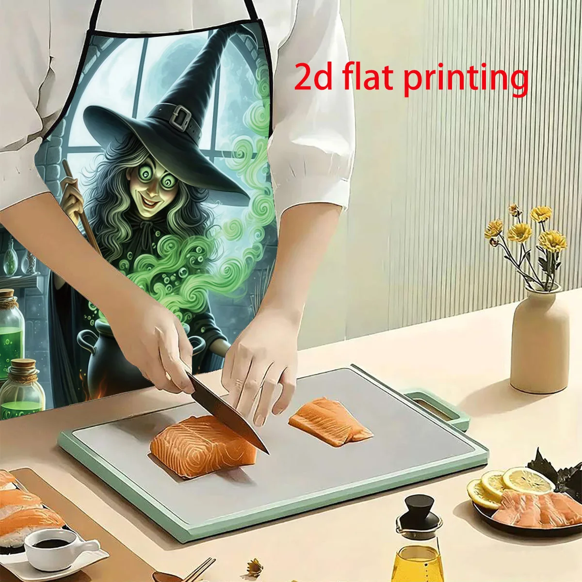 1pc 2D Flat Apron With Witch Potion Brewing Pattern, Adjustable Waist Tie, Unisex Apron, Ideal For Kitchen & Home Baking