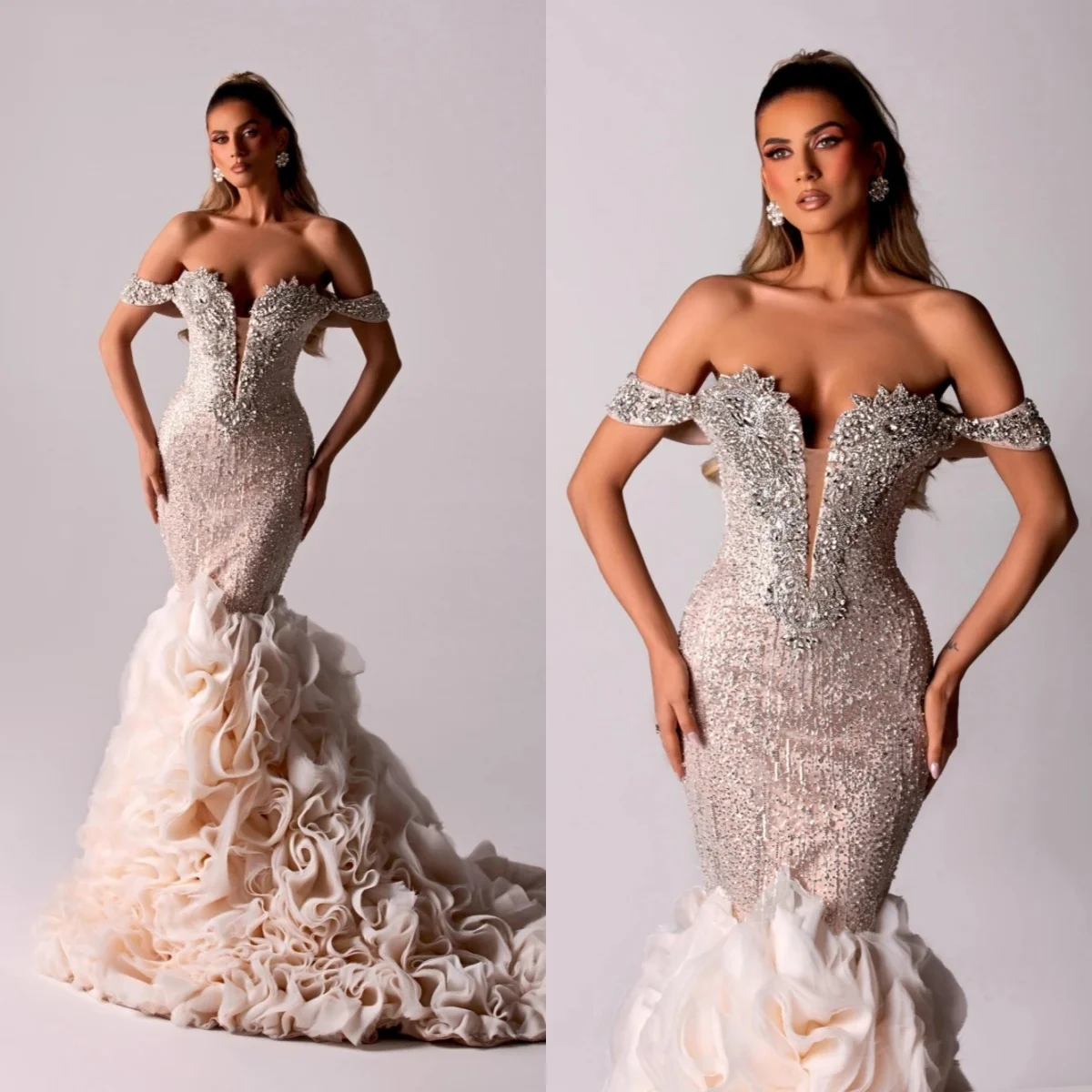 Сексуальное свадебное платье русалки с открытыми плечами, современные платья невесты с кристаллами и бисером, рюшами и блестками, кружевное свадебное платье