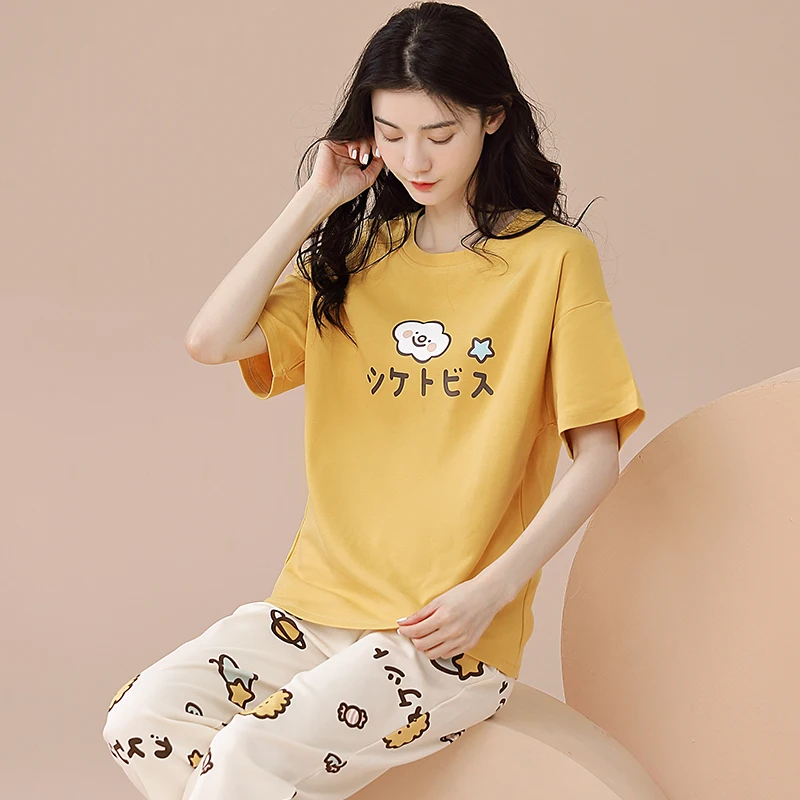 High Quality Summer Sleepwear With Chest Pad Women 100% Cotton Short Top+Long Pants Pajamas Set