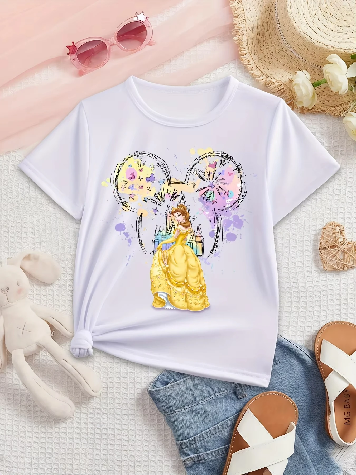 

Футболка Disney для родителей и детей с принтом милых рыжих принцесс, круглый вырез, повседневная летняя одежда