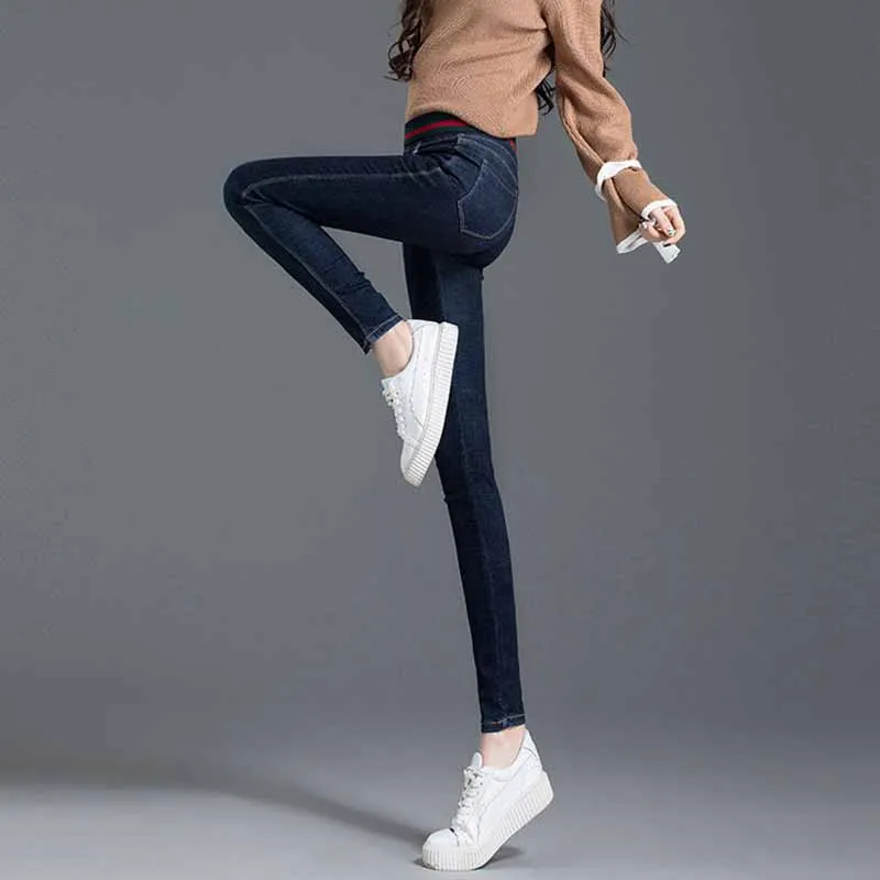 

Woman 2022 High Waist Casual Velvet Jeans Autumn Winter Warm Elastic Feet Pants Elastic Waist Slimming Mother Pencil Pants