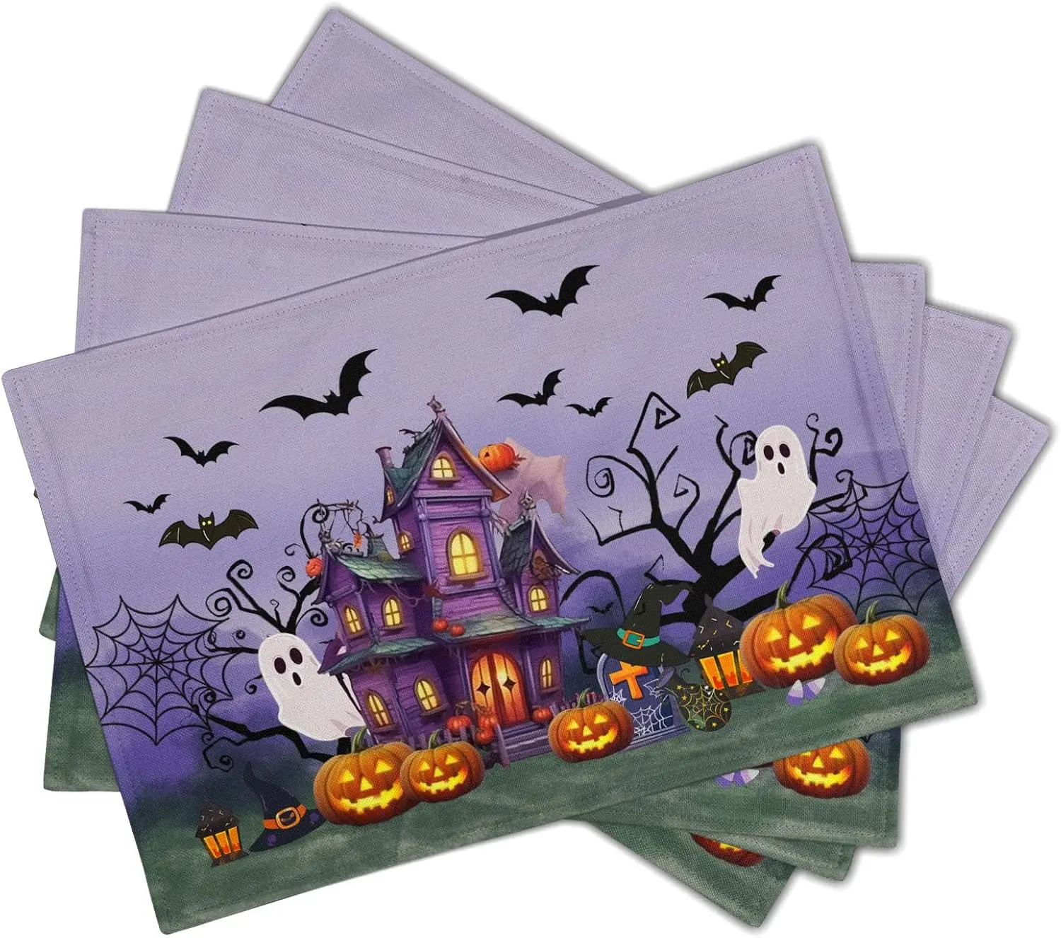 Halloween Placemats Set of 4 Haunted House Ghost Jack-o'-Lantern Holiday Washable Heat Resistant Festival Rectangle