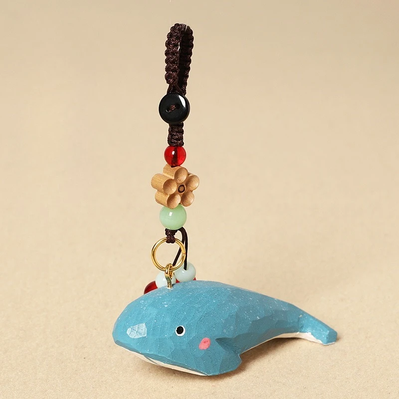 Unique Hand Carved Wooden Whale Keychain Cartoon Sea Animal Bag Pendant Creative Souvenir Gift Cute Wood Animal Miniature Decor