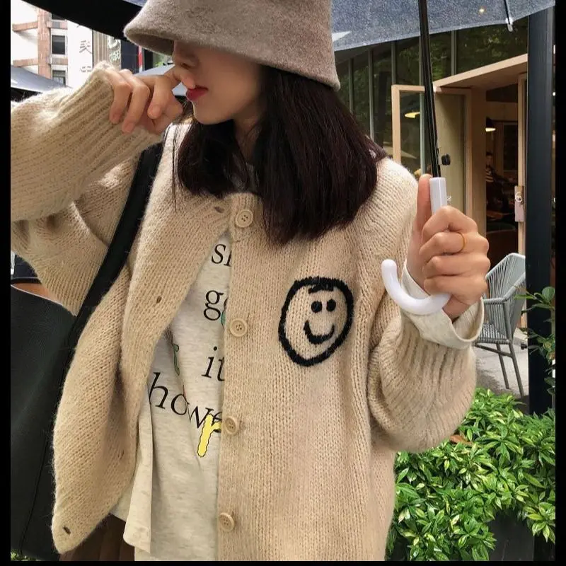 Fashion Loose Smiling Face Cardigans Women Spring Autumn New O-neck Zipper Sweaters Y2k Grunge Long Sleeve Knitted Cardigan