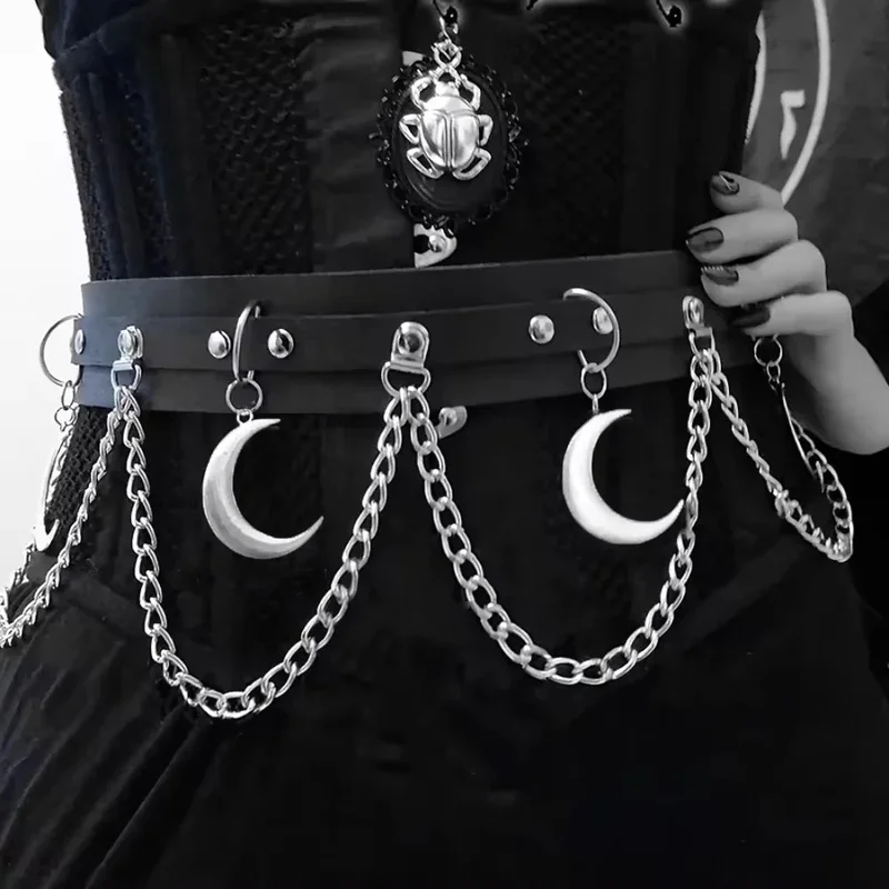 Punk Gothic Multi‑layer Crescent Moon Chain PU Leather Waist Harness Belt, Adjustable Y2K Decor Accessory for Rave Festival Hall