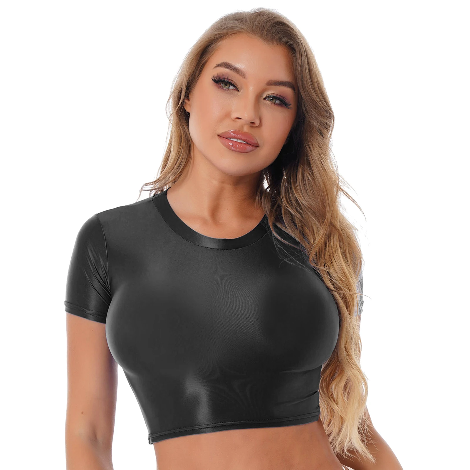 Women Glossy Crop Top Oil Shiny Smooth Sports Fitness T-shirt Tee Workout Cheer Booty Dance Tops Swimwear Clubwear Costume