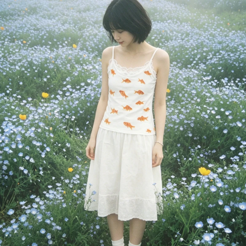 

Y2K Vintage Goldfish Print Cami Top Lace Trim Spaghetti Strap Slim Fit Tank Top Aesthetic Grunge Streetwear Summer Camisole