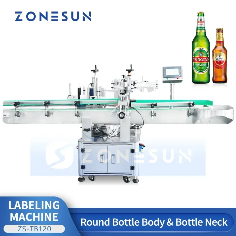 ZONESUN Etichettatrice automatica per bottiglie rotonde a 2 lati Etichettatrice sopra e inferiore Etichettatrice avvolgente ZS-TB120