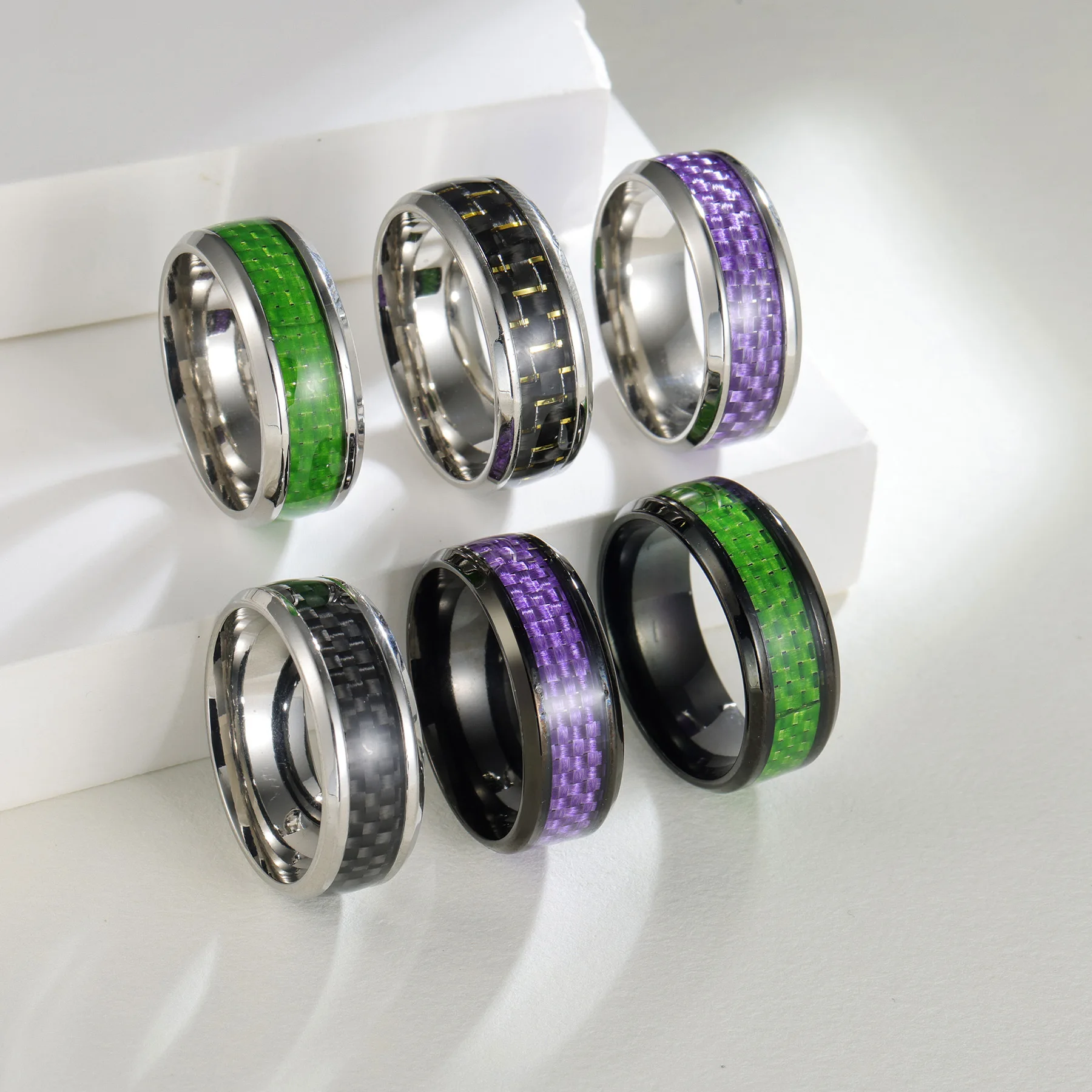 Vintage Titanium Stainless Steel Purple Green Rings for Men Black Carbon Fiber Ring Wedding Jewelry Christmas Gift Accessories