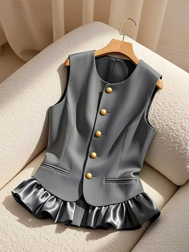 Solid Gray Ruffled Patchwork Waistcoats Single Breasted Blazers Vests Coat Temperament Women Formal Elegant Outerwear Summer New