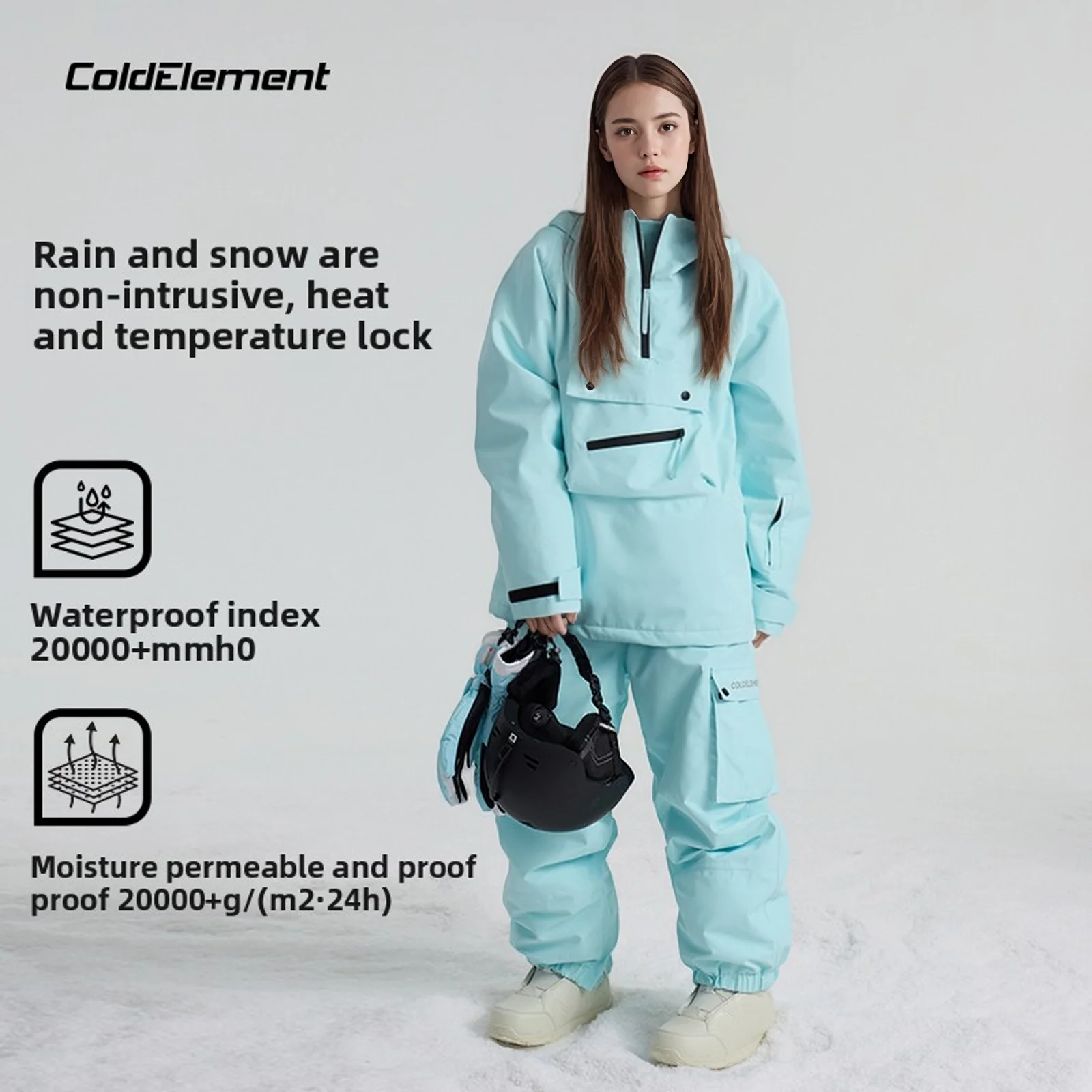 

Coldelement Women's Pullover Ski Jacket Men's Snowboard Hoodie Waterproof Outdoor Separate Ski Suit Windproof Warm Winter Sports