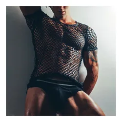Oversized Men's Tight Sexy Fishnet T-shirt See-through Net Shirt Round Neck T-shirt Clearance Stock Summer Beach Men's Smock Top