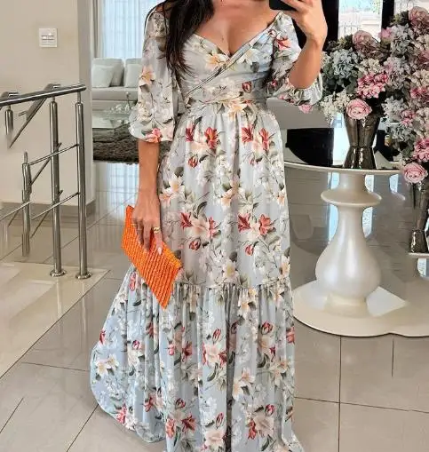 

2025 Summer New Women's Fashion Elegant Printed Lace Up V-Neck Large Swing Dress