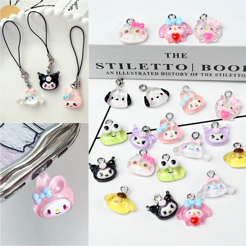 10 peças kit de amuletos de unhas kawaii sanrioed kuromi hellokitty, design de resina com parte traseira lisa brilhante/fosco para pingente de colar de capa de telefone de unha #