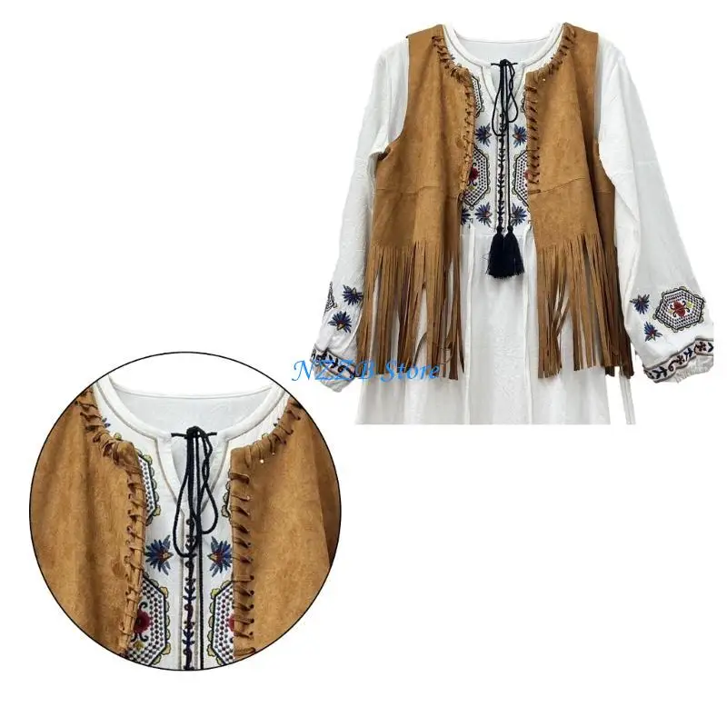 

T21F Women's Tassels Sleeveless Vest 70s Hippie Faux Suedes Fringe Jackets Cardigan