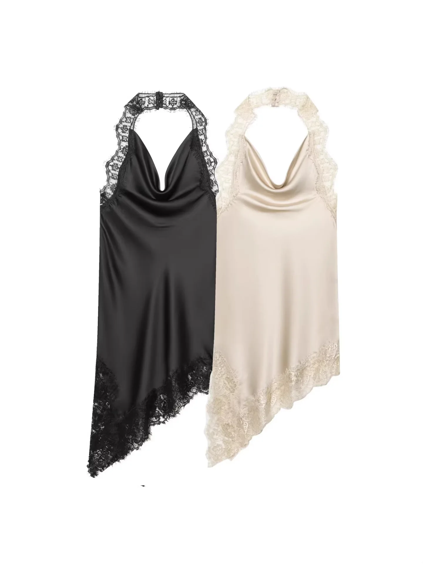 

Withered Spring New Women's Asymmetric Lower Decoration Wide Lace Trimmed Neck Hanging Dress