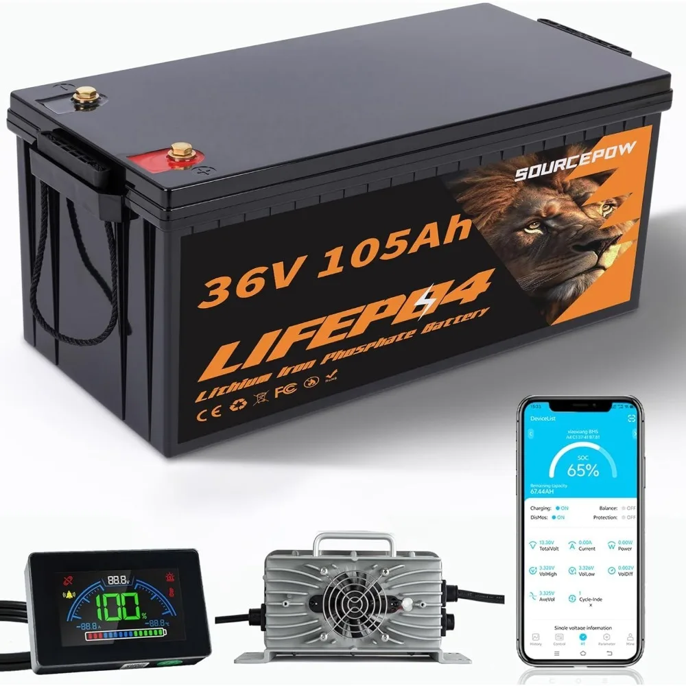 

36V 105Ah Lithium Golf Cart Battery, 36 Volt LiFePO4 Battery, Built-in Bluetooth 200A BMS, with 43.8V 25A Lithium Battery Charge