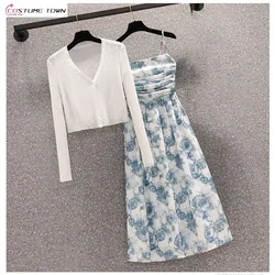 Advanced Design Solid Color Cardigan Temperament Floral Women's Camisole Skirt Two-piece Set 2024 Summer New Style