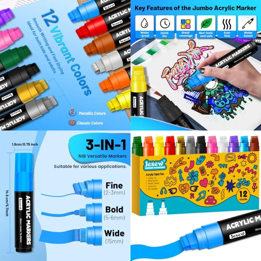

Acrylic Paint Markers 12 Colors Jumbo Markers with 15mm Felt Tip Paint Pens Waterproof Permanent Ink for Rock Painting Stone Ce