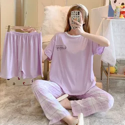 Three-Piece Set Pajamas Female Letters Plaid Trousers Student Home Wear Short-Sleeved Long Trousers Ladies Sleepwear Nightwear