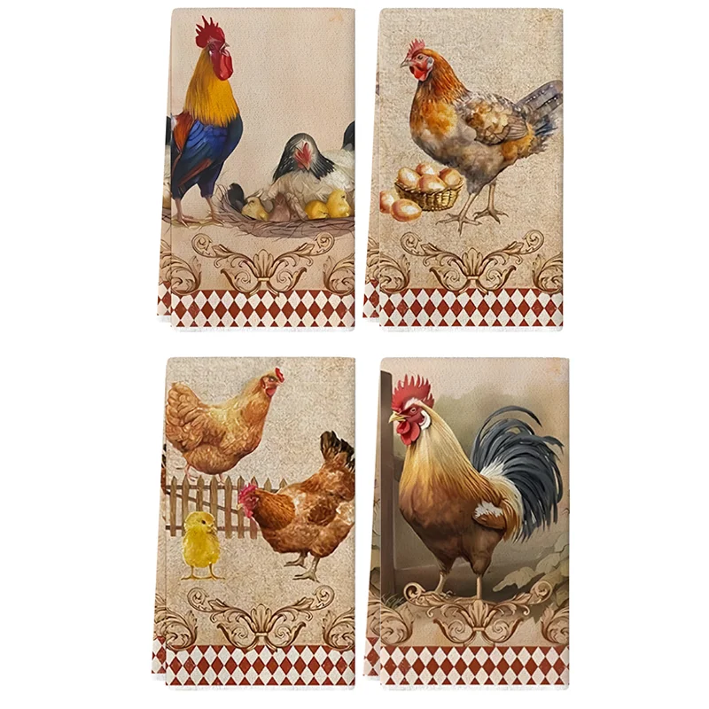 4 piezas, paños de cocina retro con diseño de gallo, juego de paños de 40 cm x 60 cm, paño de limpieza súper absorbente y suave, paño de cocina para cocinar y hornear, toalla de mano, paño de limpieza, paño para platos, decoración de cocina, decoración de