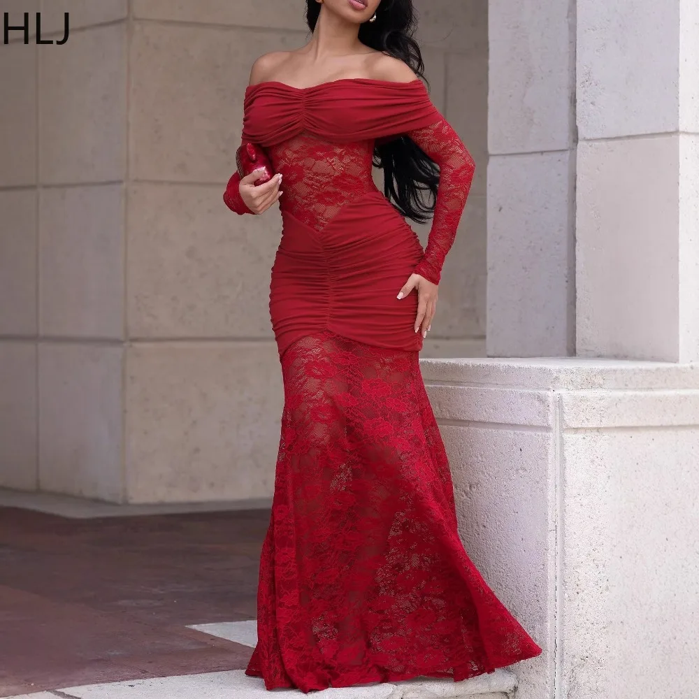 

HLJ Sexy Lace See Through Patchwork Bodycon Dresses for Woman Solid Color Off Showlder Backless Dress Female Streetwear Vestidos