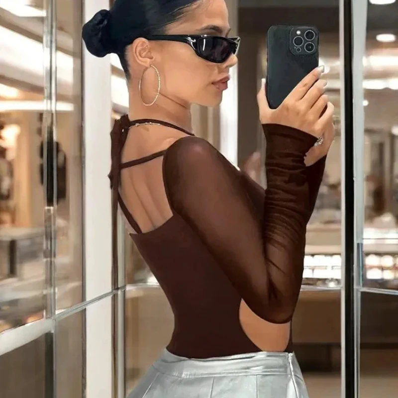 Baju Bodysuit Wanita Musim Panas, Gaya Eropa Amerika, Seksi, Model Hollow, Leher Terbuka, Tali di Belakang, Tanpa Punggung, Desain Pure Desire