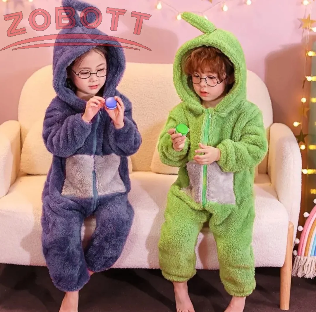 بيجامة قطيفة من قطعة واحدة من كارتون تليتبيز للأولاد والبنات والبالغين والآباء ملابس منزلية سميكة ودافئة