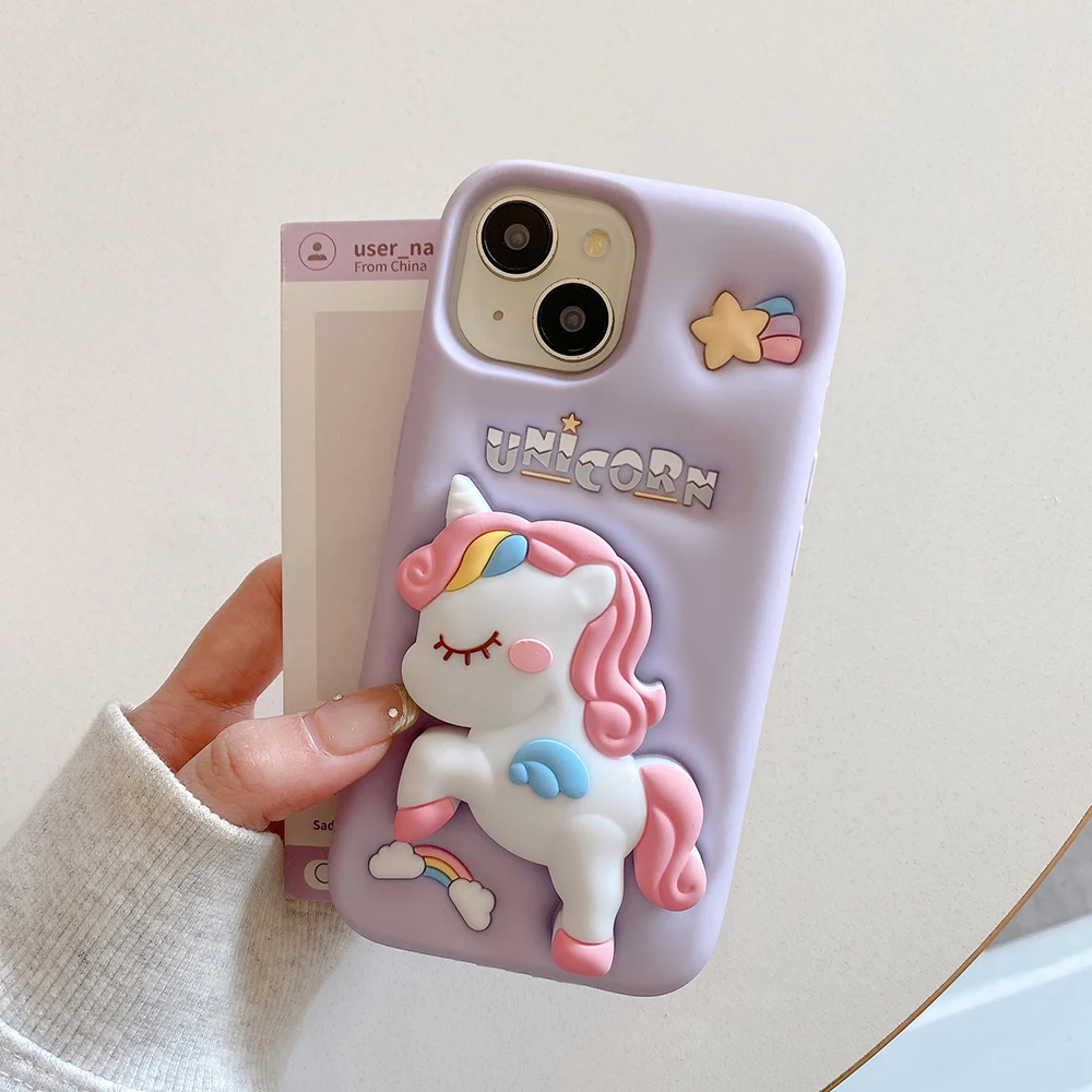 Nette 3D Cartoon Regenbogen Einhorn Pferd Weiche Silikon Halterung Fall Ständer Halter Abdeckung Für iPhone 17 16 Plus 15 14 13 12 Pro Max – Detail 1