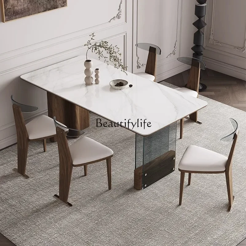 yj5 *Medieval style solid wood rock slab dining table modern simple light luxury household small apartment