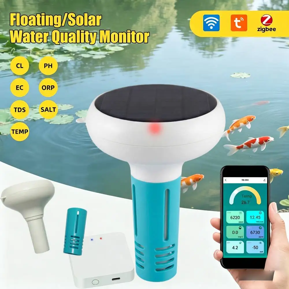 Tuya Zigbee Solar Floating Water Quality Tester Smart 7 in 1 PH EC TDS Salt ORP Temp Chlorine Meter Swimming Pool Water Tester