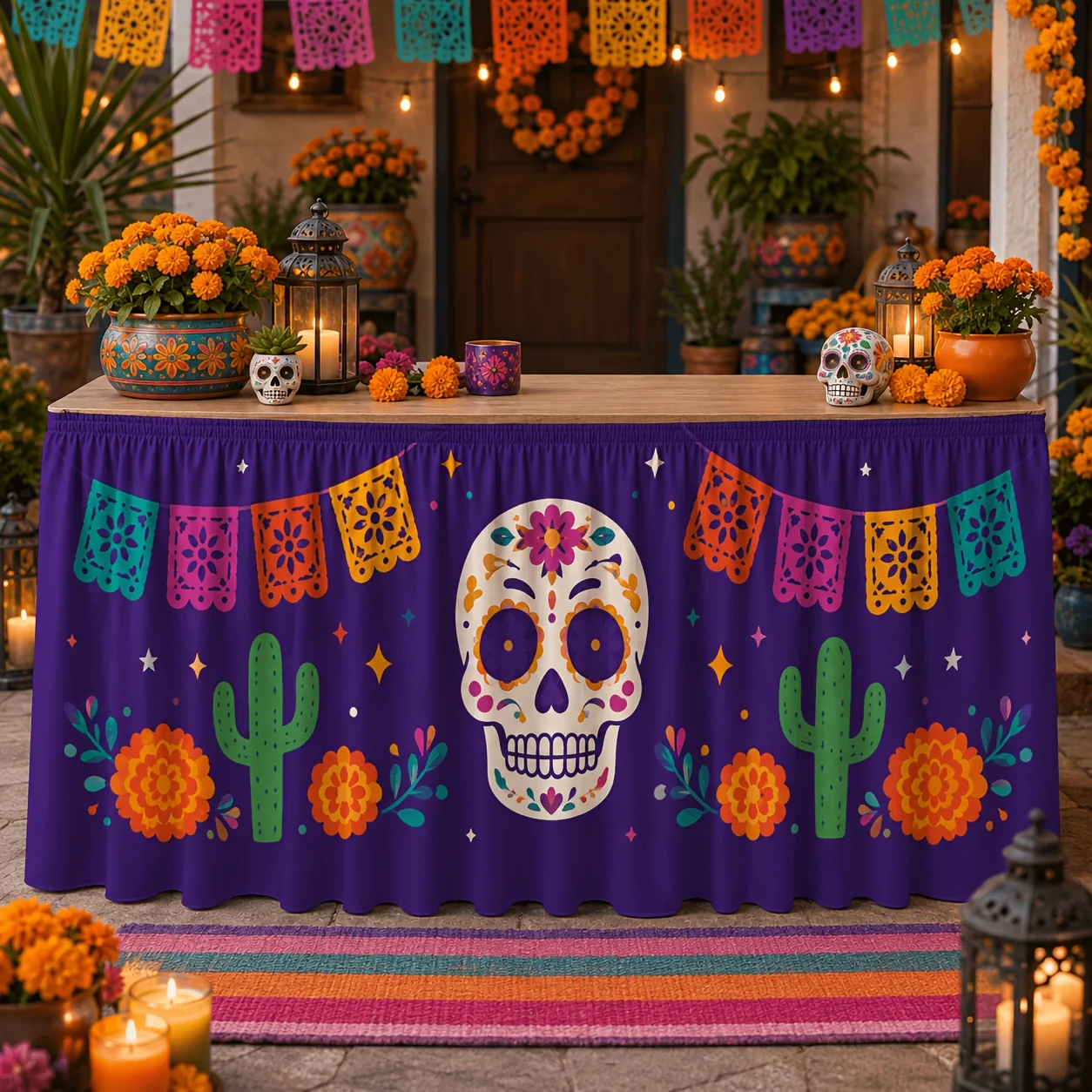 One tablecloth table skirt, candy skull, honeybee flower, Papera Pialato banner, purple backgroundzyc