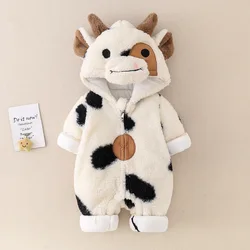 Mono de Navidad de vaca para niños y niñas, pelele grueso de invierno, mono de dibujos animados, mono suave con capucha para bebé