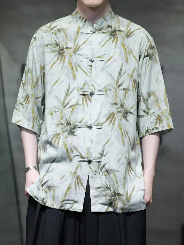 

Floral Shirt Men's Summer Thin Breathable Cotton Linen Short Sleeve Traditional Chinese Tang Costume Modified Hanfu Loose Fit