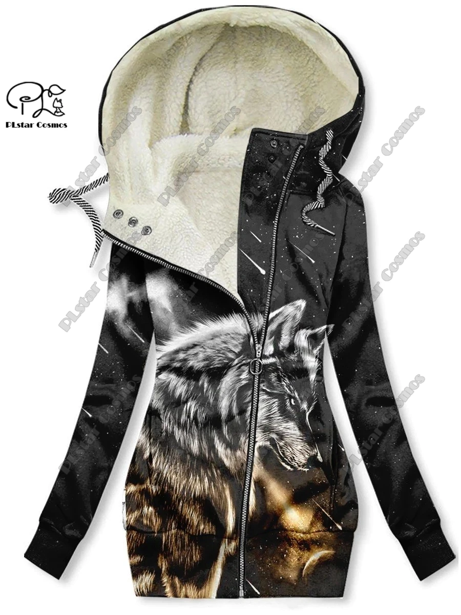 

New 3D printing retro series floral and animal patterns plus velvet and warm women's long zipper sweatshirt casual winter L-8