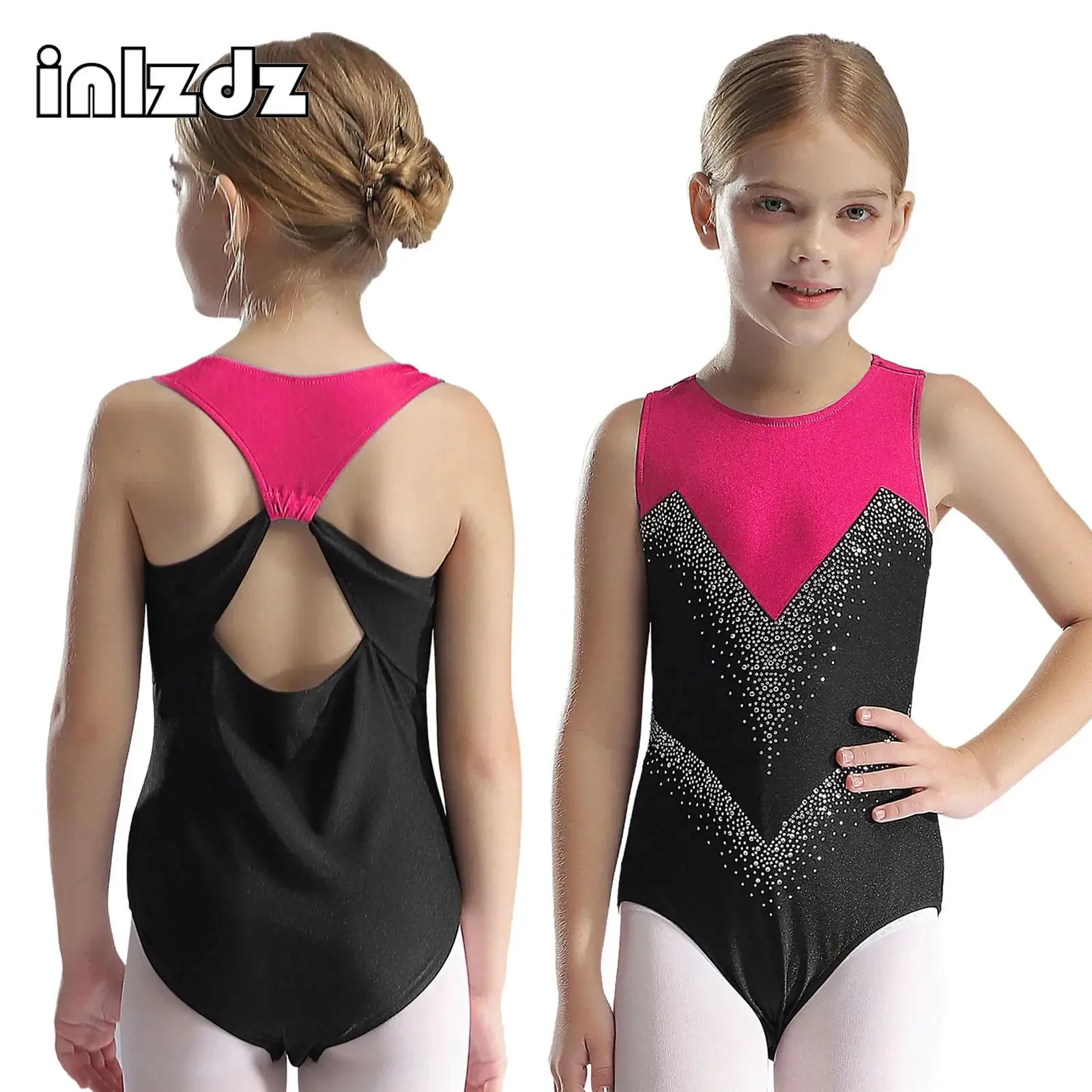 

Teen Girls Figure Skating Leotard Costume Rhythmic Gymnastics Rhinestone Sleeveless Bodysuit Acrobatics Ballet Dancewear