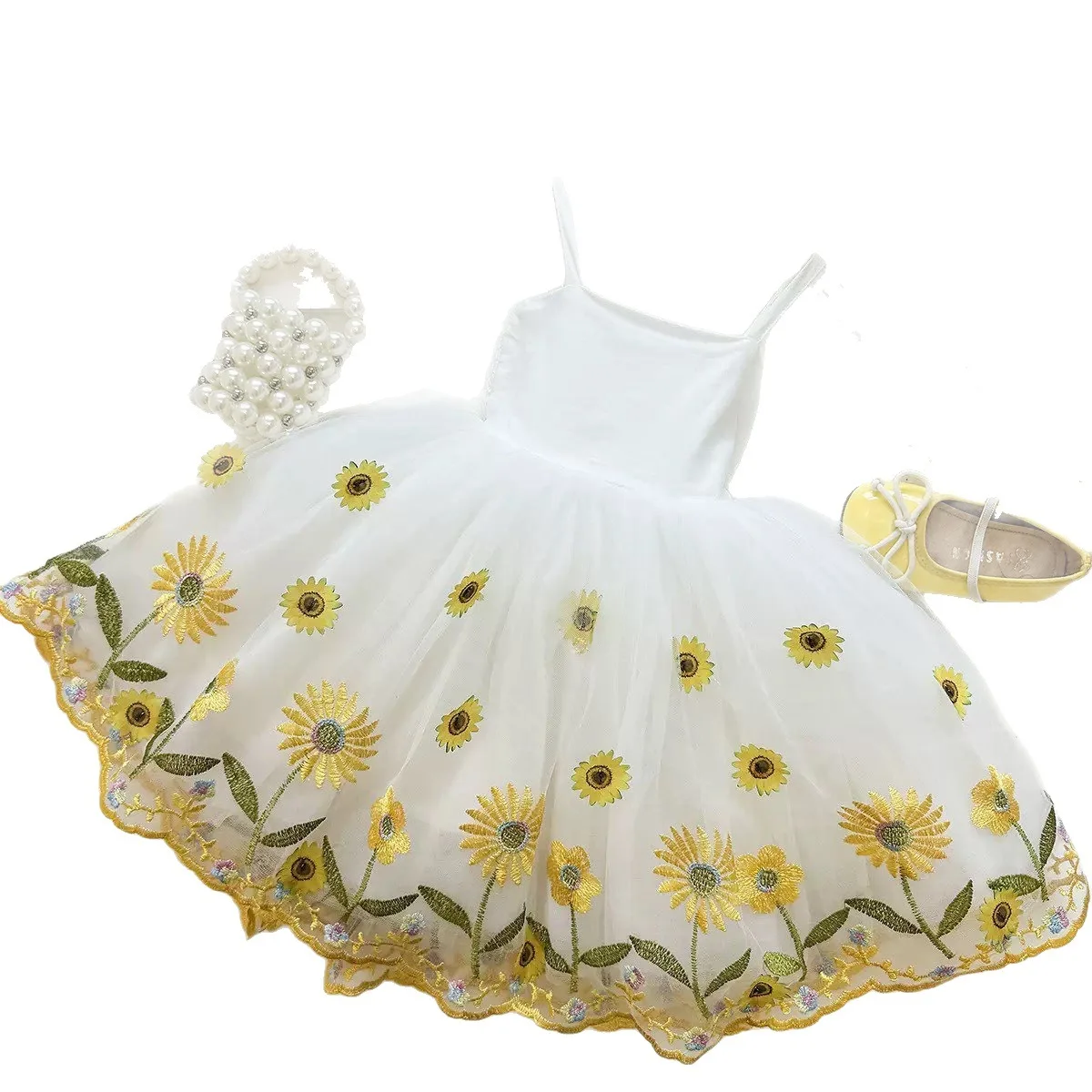 New Arrival Toddler Girl Flower Embroidered Cami Dress, Sheer Mesh Fairy Skirt, Kids Stylish Princess Costume for 90-150cm