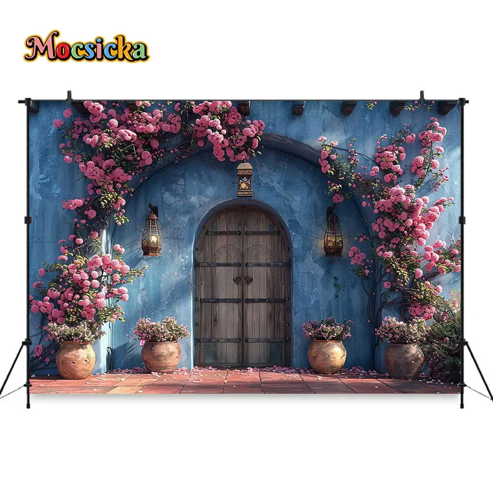 Fondo de fotografía para fiesta de cumpleaños de niña, decoración de flores rosas arqueadas, pared azul, puerta de madera, telón de fondo, espectáculo nupcial, foto al aire libre