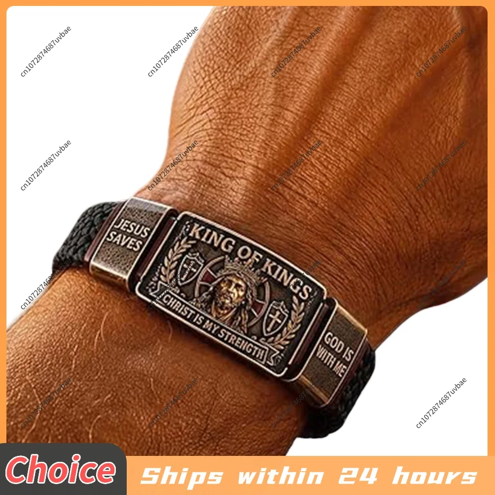 King of Kings Faith Bracelet PU Leather Decorative Faith Bracelet Religious Inspirational Wristband Gift for Men Husband Dad