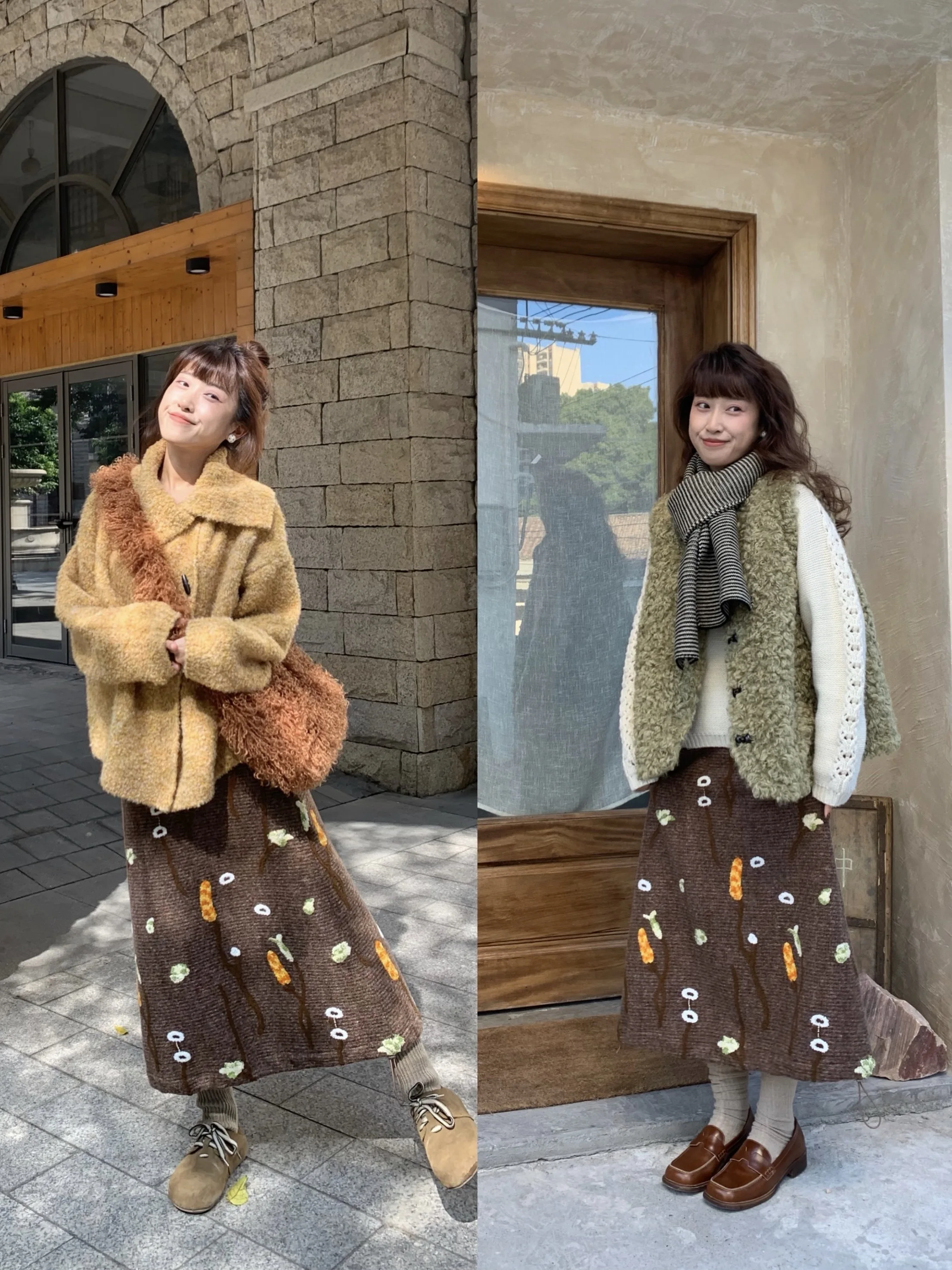 

Yangziloo Thi Woolen Skirt with Melted Nut Coffee Pattern High Waist Warm Casual Sle A-Line Skirt for Ladies