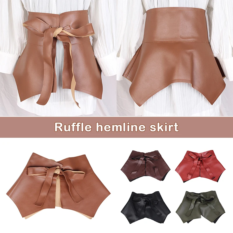 Women Sexy Mini Skirt Waistband PU Leather Wide Corset Belt Ruffled Skirt Design Waist Belt Bow Knot Dress Decor Accessories