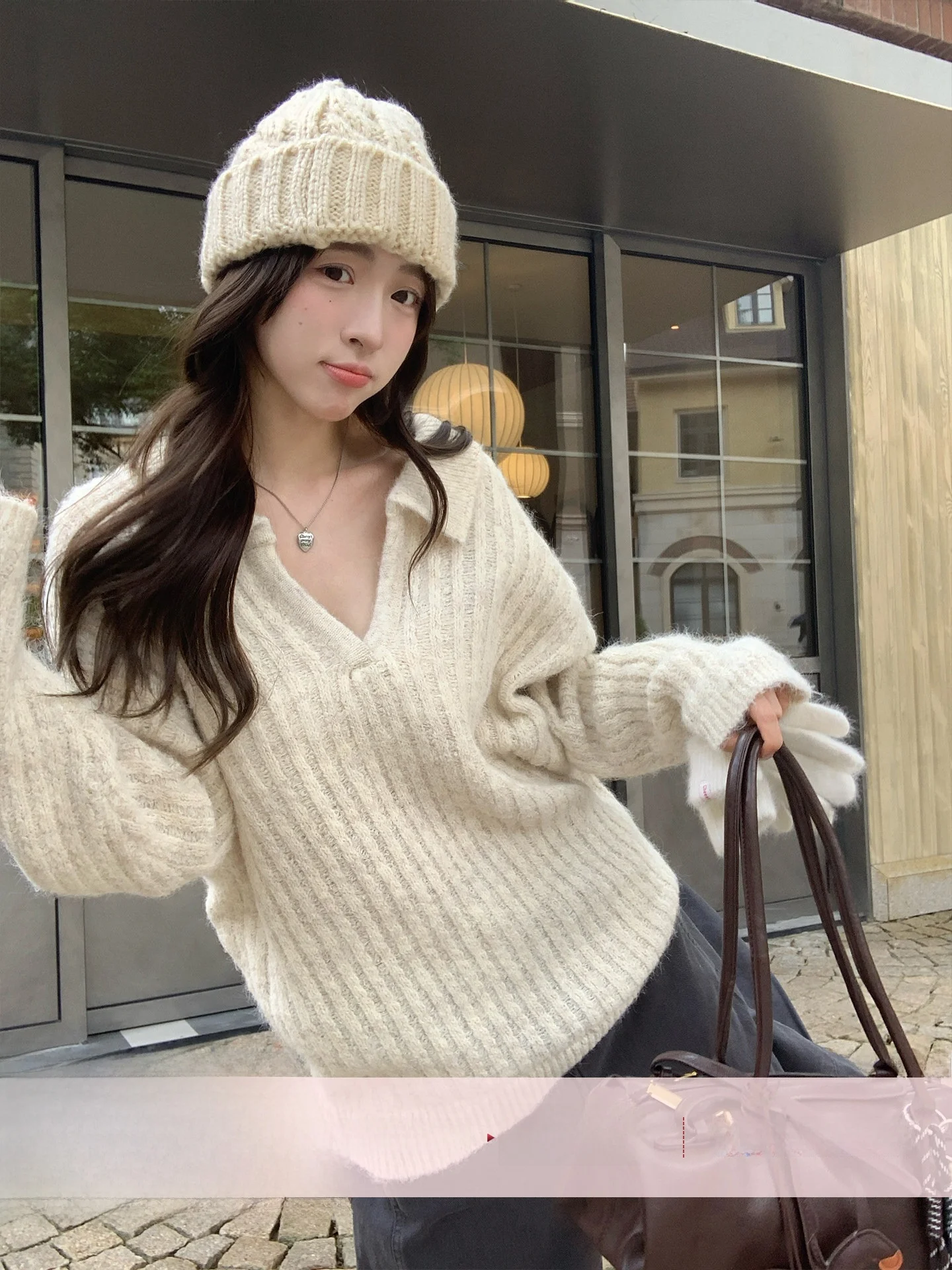 

Loose Korean Sle Women's Knitted Ne Sweater Morning Bloom Autumn Winter Warm Fing Long Sve V-Ne Top