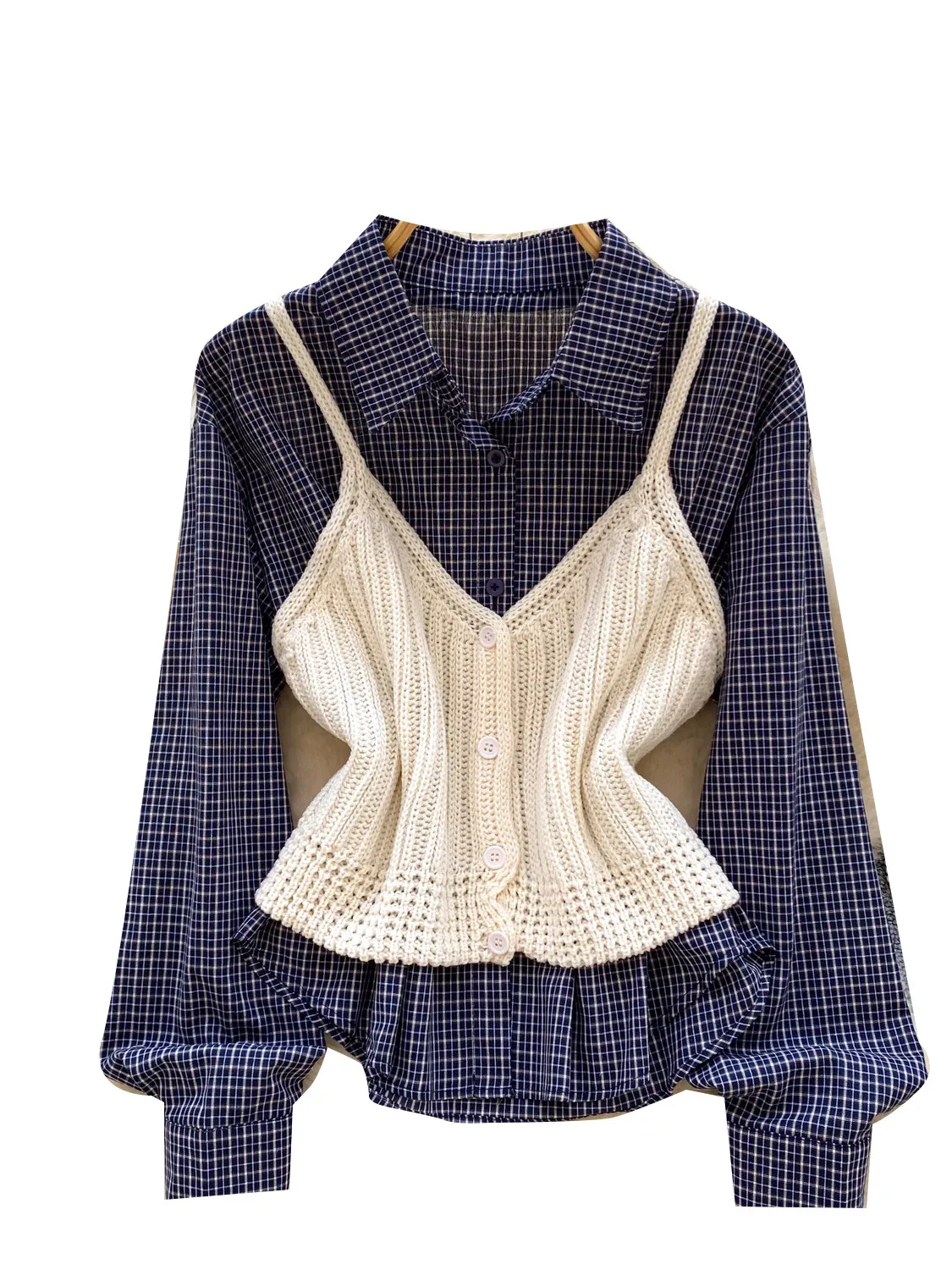 College Plaid Shirt Knitted Vest Two-piece Set Women's Spring and Autumn Casual Long Sleeve Plaid Shirts Suits - view 5