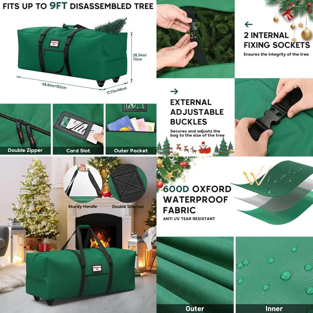 

9-футовая сумка для хранения рождественской елки на колесиках и регулируемыми ремнями, Оксфорд 600D, сверхпрочная, двойная молния