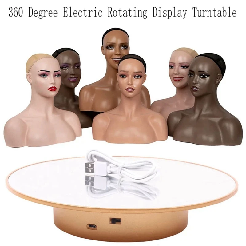Tocadiscos motorizados para cabeza de maniquí, soporte de exhibición para peluca, plato giratorio eléctrico de 360 grados, dorado