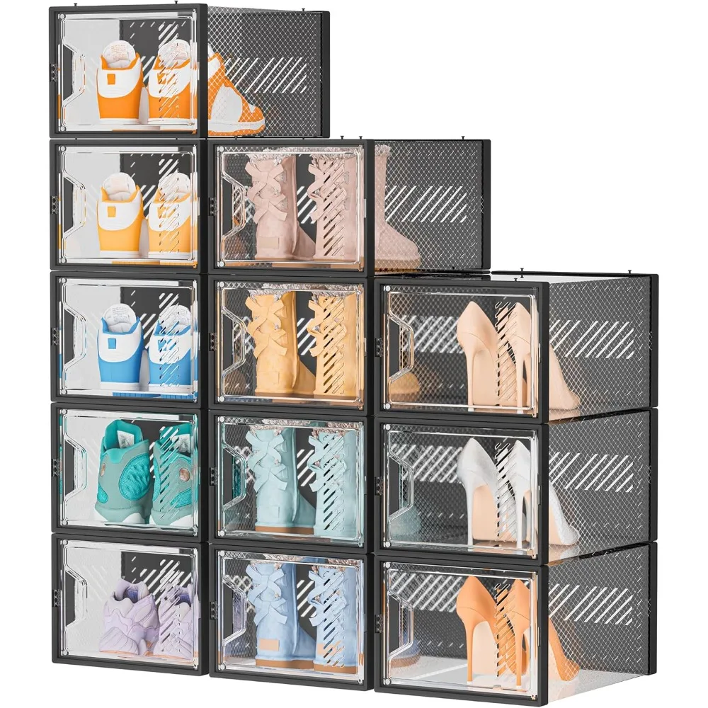 Confezione da 12 scatole per scarpe, scatole per scarpe in plastica trasparente impilabili, scatole per scarpe con coperchi per donna/uomo (35 x 25 x 18,8 cm)