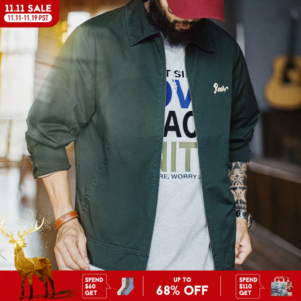 

Мужская винтажная куртка Maden с вышивкой тигра, плотное хлопковое пальто на молнии с воротником с лацканами, зеленое повседневное пальто на весну и осень