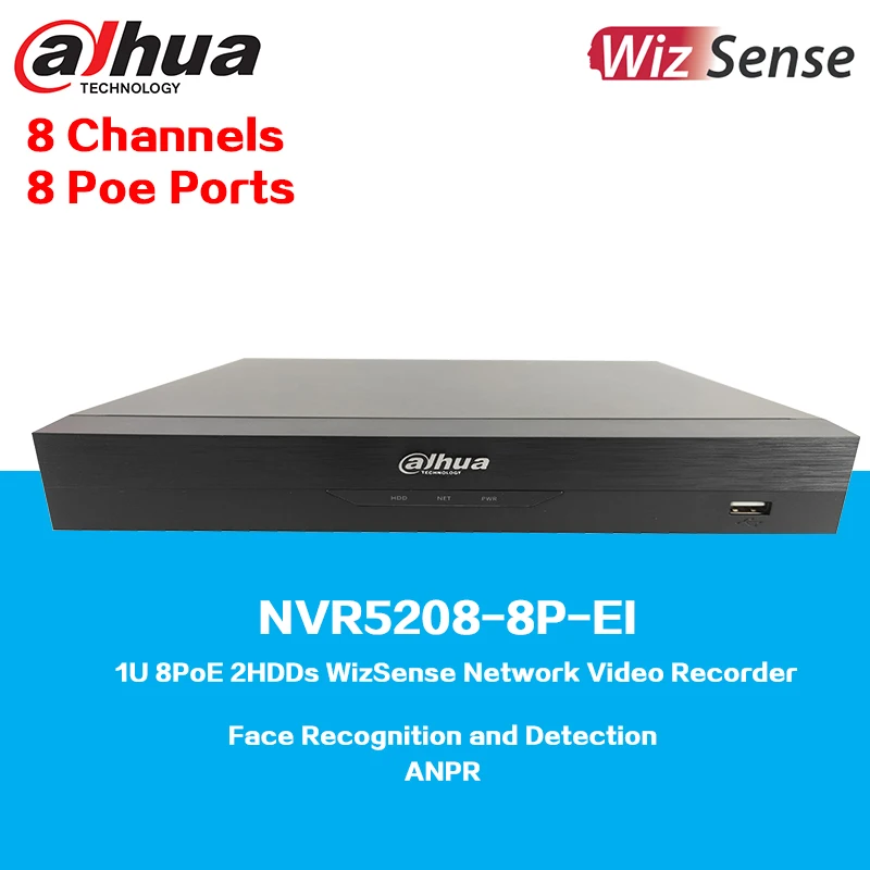 

Dahua NVR5208-8P-EI 8-канальный 1U 8PoE 2 жестких диска Сетевой видеорегистратор WizSense Поддержка обнаружения и распознавания лиц