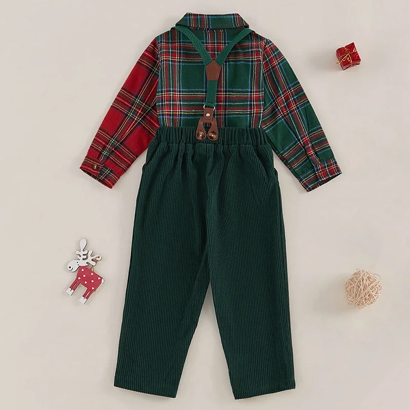 Boy Gentleman Christmas Outfit Plaid Print Button Long Sleeves Shirt and Suspender Pants Set Xmas Children\'s Clothing