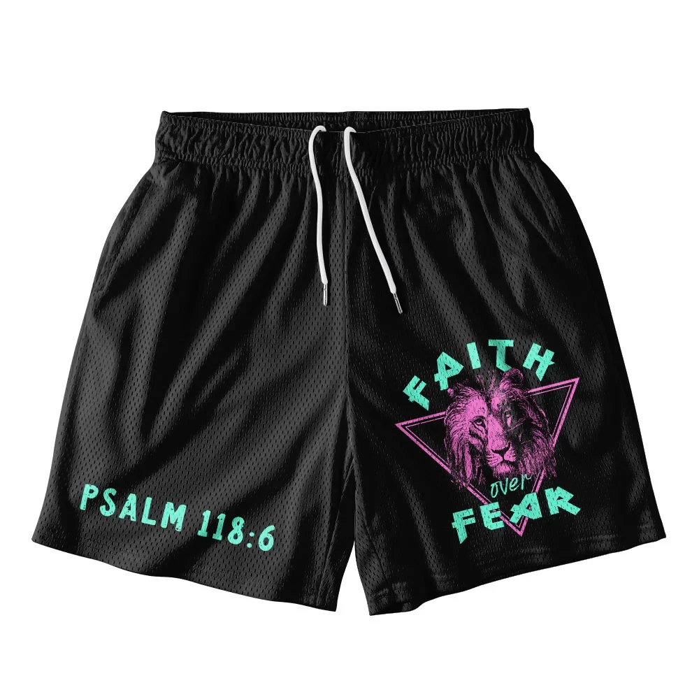 

Summer Fashion Loose Retro Faith Over Fear Lion Christian Casual Street Shorts Breathable Quick Dry Training Fitness Shorts Moto
